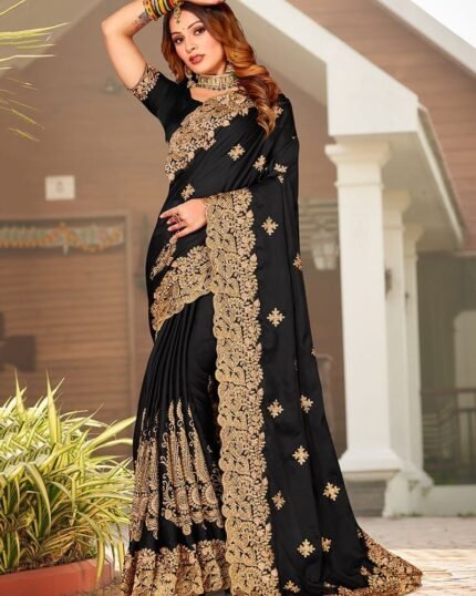 Black Satin Blend Embroidered Saree Party Wear
