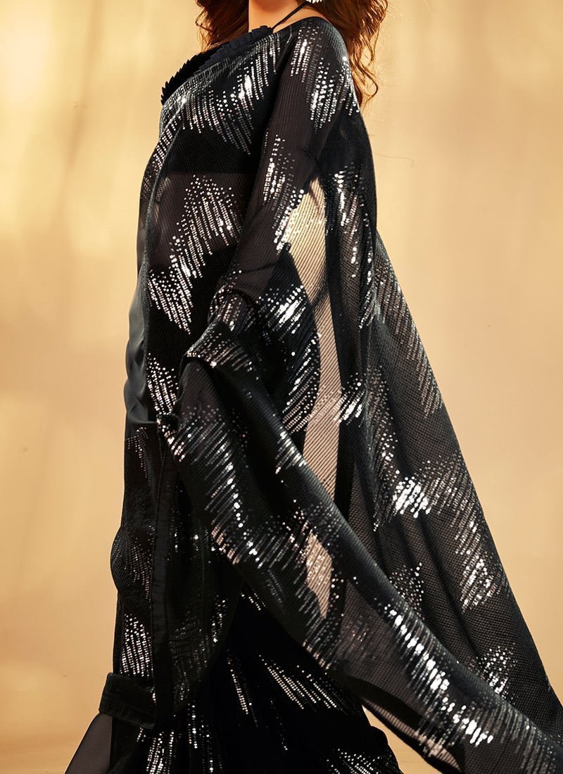 Dark Blue Faux Georgette Sequins Sari Party Wear - Image 3