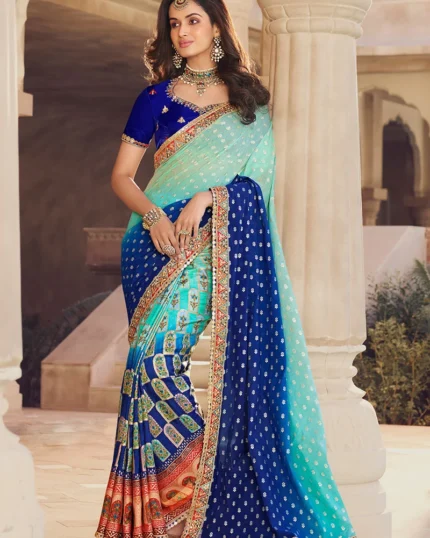 Blue Viscose Chanderi Silk Embroidered N Zari Work Saree Party Wear