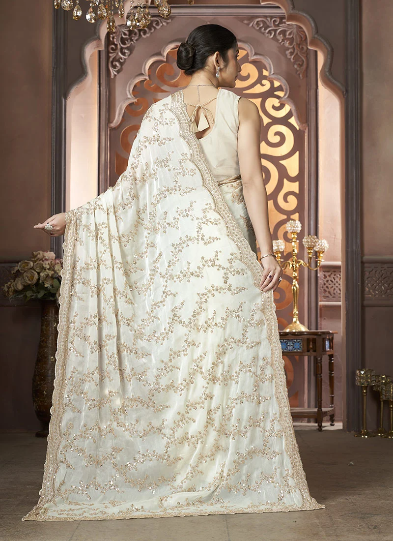 Cream Organza Hand Embroidered Sequins Beads Work Saree Wedding Wear - Image 3