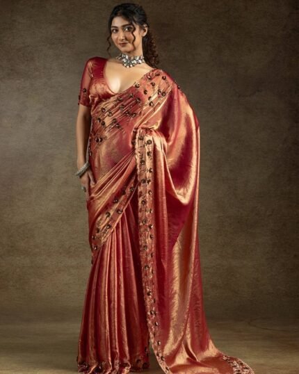 Dark Peach Satin Silk Hand Embroidered Sequins With Applique And Stone Work Saree Wedding Wear