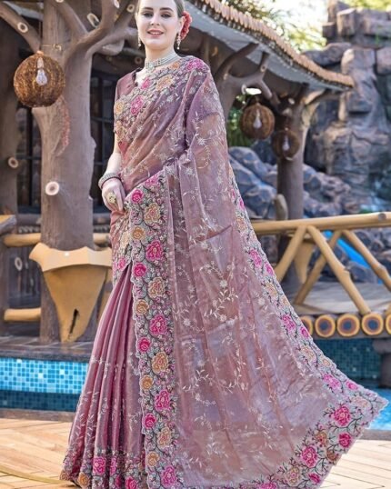 Lavender Organza Floral Embroidered Sequins Stone Embossed Saree Festive Wear