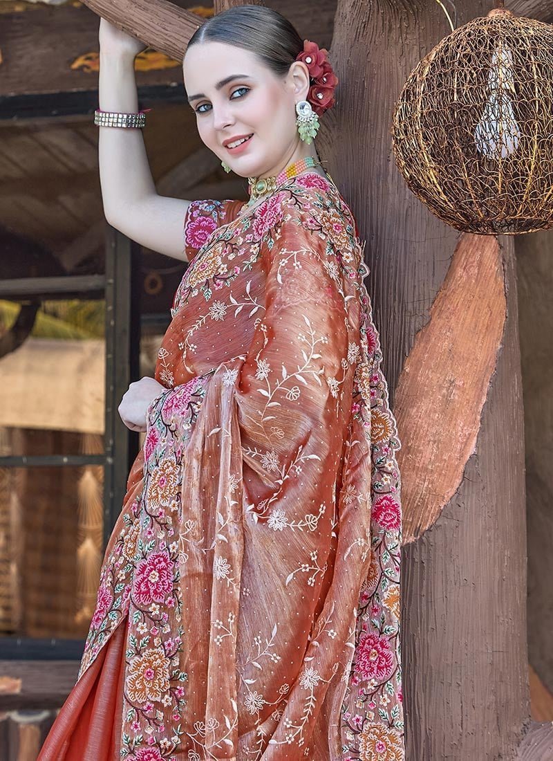 Floral Embroidered Sequins Stone Embossed Saree Festive Wear - Image 2