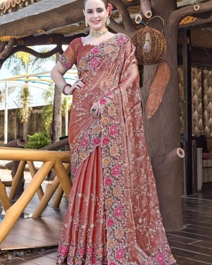 Floral Embroidered Sequins Stone Embossed Saree Festive Wear