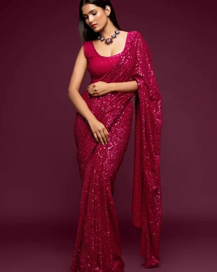 Embroidery Sequins Work Dark Green Color Georgette Saree Festive Wear