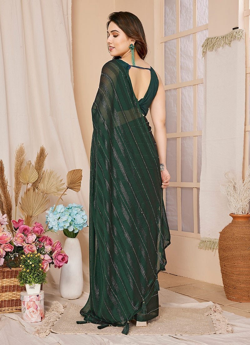 Wine Georgette Stone Embossed Pre Draped Elegant Saree With Blouse Party Wear - Image 5