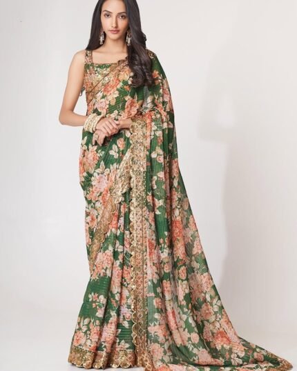 Green Organza Printed N Sequins Work Saree Party Wear