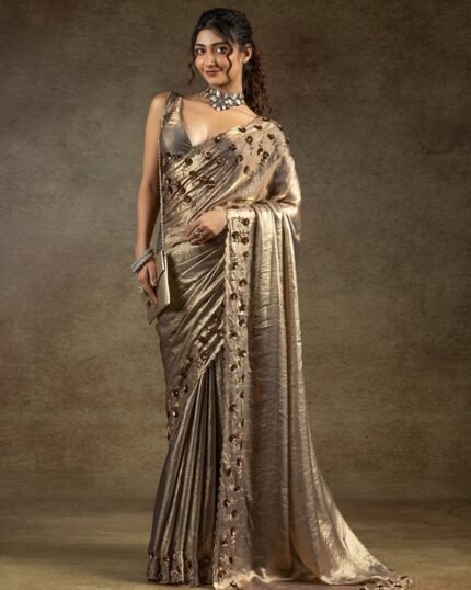 Grey Satin Silk Hand Embroidered Sequins With Applique And Stone Work Saree Wedding Wear