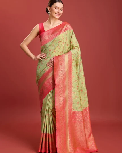 Kanchipuram Silk Green Zari Woven Border Saree For Traditional Indian Women Festive Wear