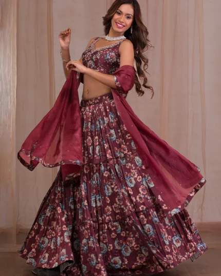 Brown Cutdana Satin Readymade Lehenga