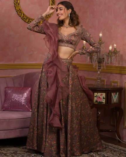 Lavender Printed Semi Crepe Readymade Lehenga