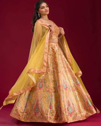 Mustard Silver Zariwork Banarasi Readymade Lehenga