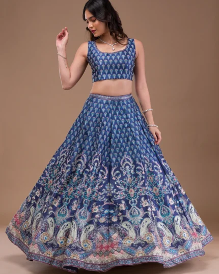 Navy Blue Swaroski Banarasi Readymade Lehenga Set