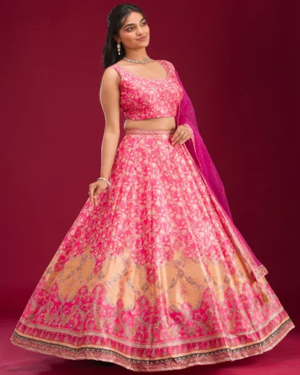 Rani Pink Swarovski Raw Silk Readymade Lehenga