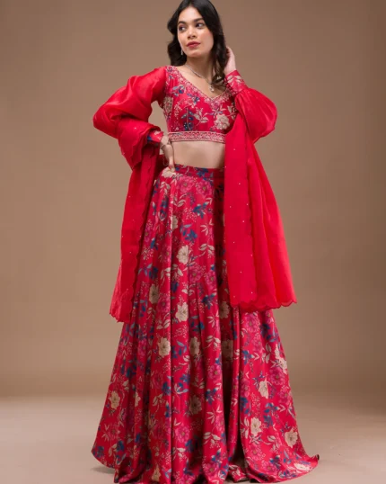 Red Print Satin Readymade Lehenga