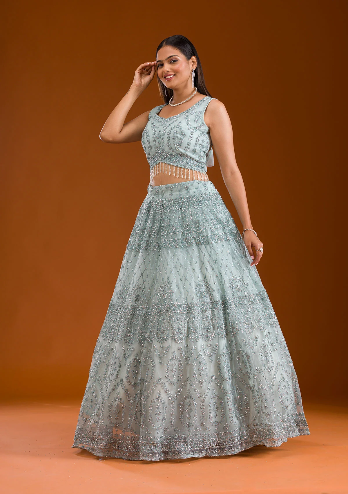 Stonework Net Readymade Lehenga - Image 7
