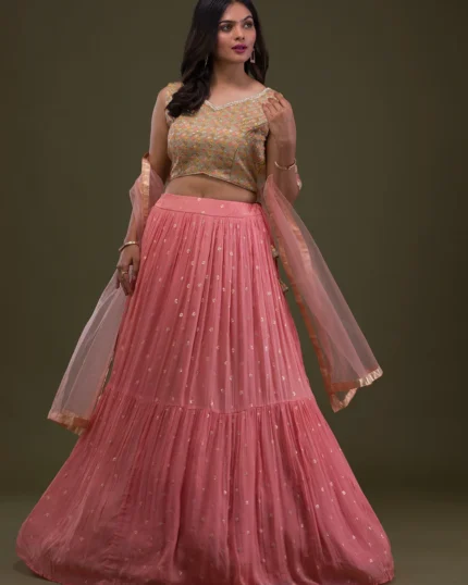 Yellow Threadwork Chiffon Readymade Lehenga