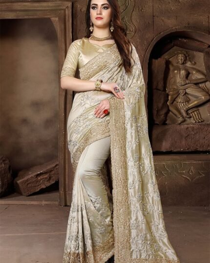 Light Beige Embroidered Saree Party Wear