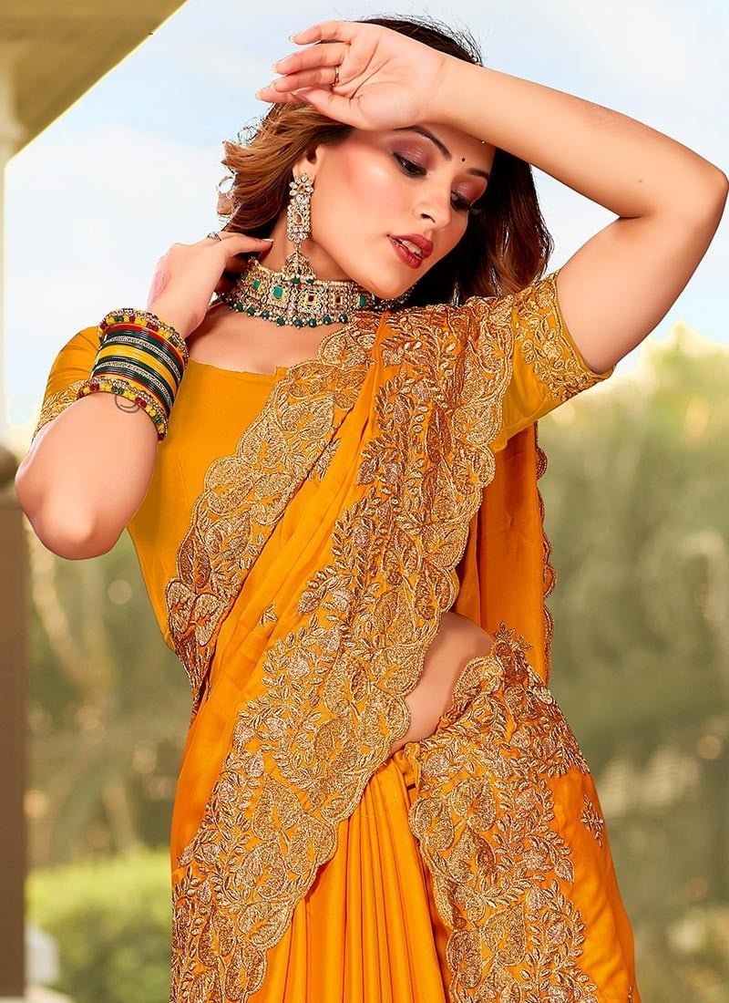 Mustard Satin Blend Embroidered Saree Party Wear - Image 3
