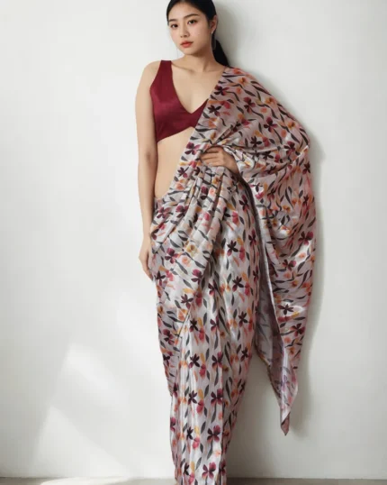 Off White Chinon Digital Print Pre Draped Saree After Six Wear