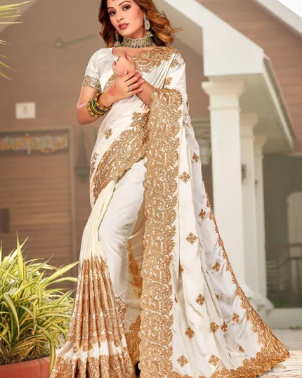 Off White Satin Blend Embroidered Saree Party Wear