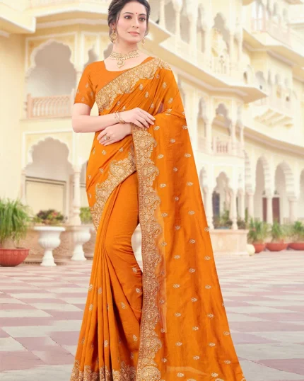 Orange Vichitra Silk Zari Embroidery Saree Party Wear