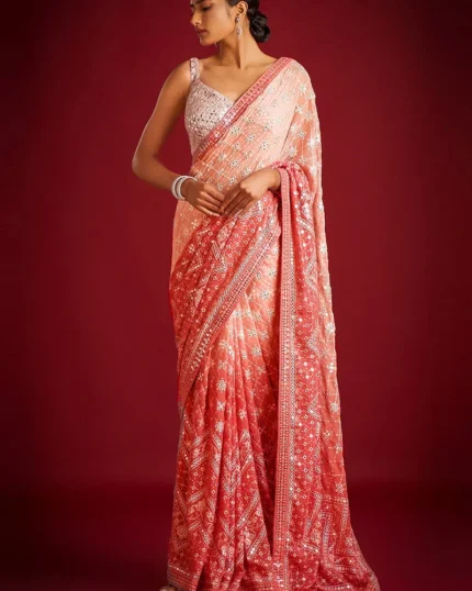 Orange Organza Silk Zari Sequins Hand Embroidered Saree Festive Wear