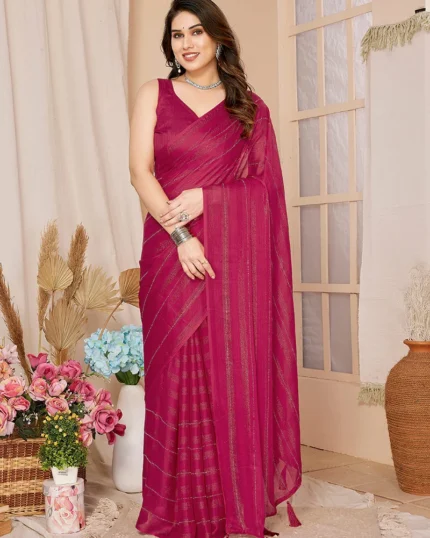 Wine Georgette Stone Embossed Pre Draped Elegant Saree With Blouse Party Wear