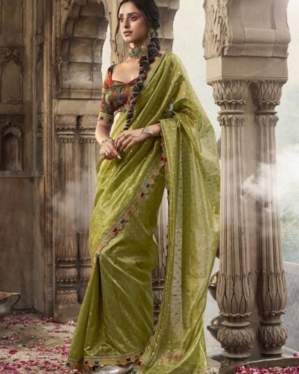 Pista Green Tissue Jacquard Zari Saree Festive Wear