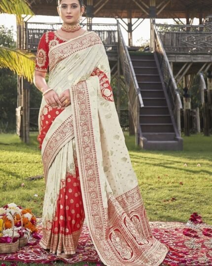 Ivory Opulence Off White Benarasi Silk Jacquard Zari Saree Festive Wear