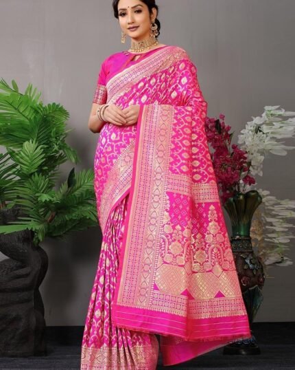 Soft Silk Dark Pink Color Zari Work Saree Festive Wear