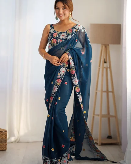 Teal Georgette Embroidered Sequins Saree After Six Wear