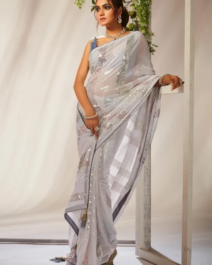 White Faux Georgette Sequins Sari Party Wear