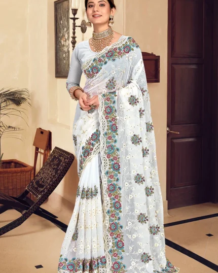 White Georgette Resham Embroidered Saree Party Wear