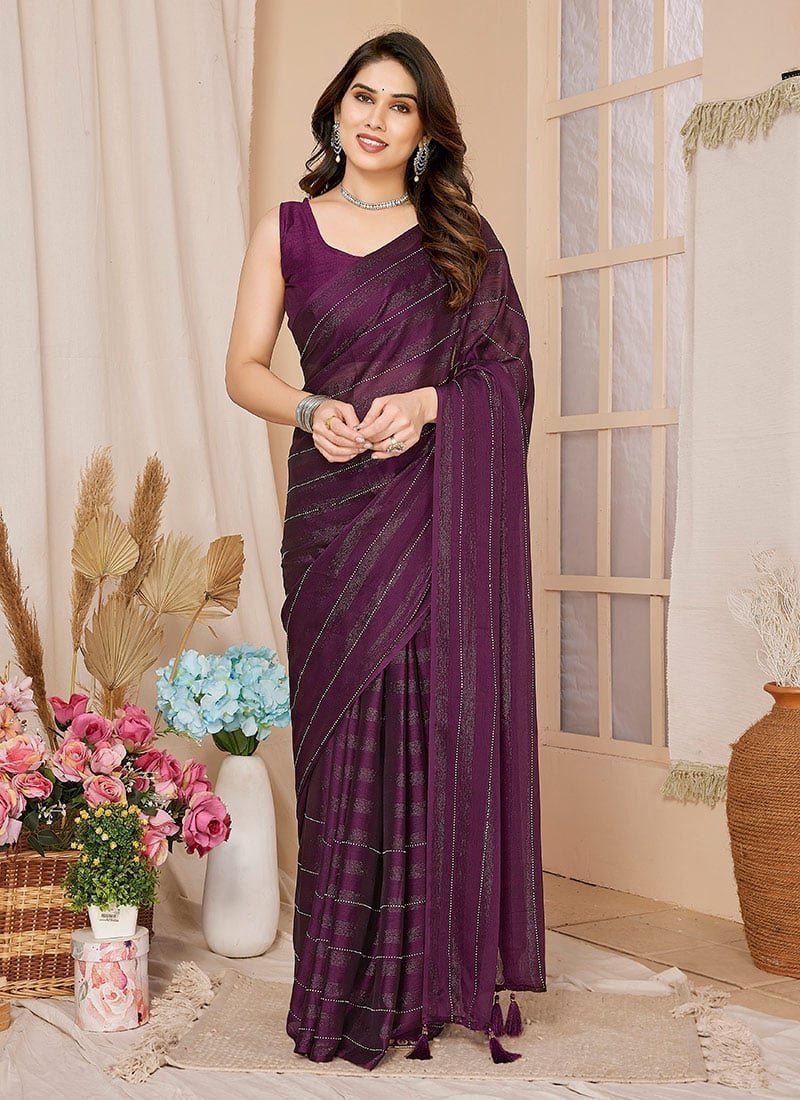 Wine Georgette Stone Embossed Pre Draped Elegant Saree With Blouse Party Wear - Image 13
