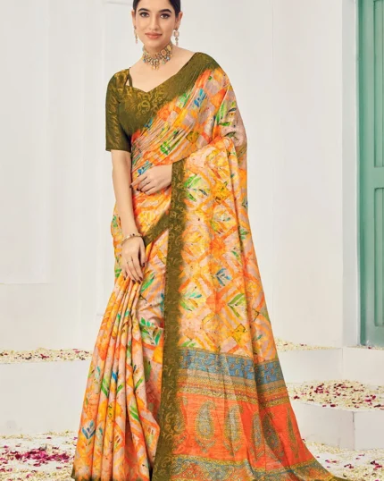 Women Jacquard Zari Woven Orange Digital Print Silk Saree With Blouse Festive Wear