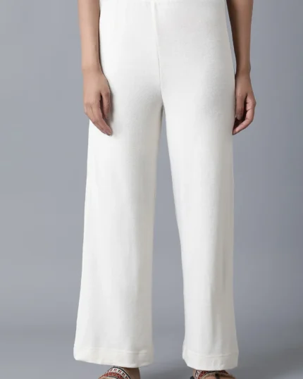 White Solid Straight Fit Palazzo With Elasticated Waistband