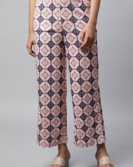 Pink Geometric Printed Straight Fit Palazzo With Elasticated Waist