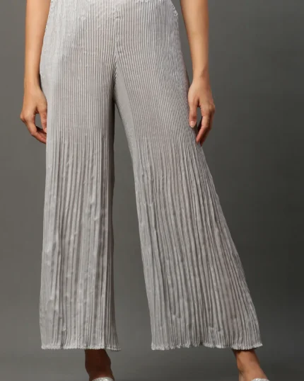 Silver Solid Flared Woven Sharara With Pleats