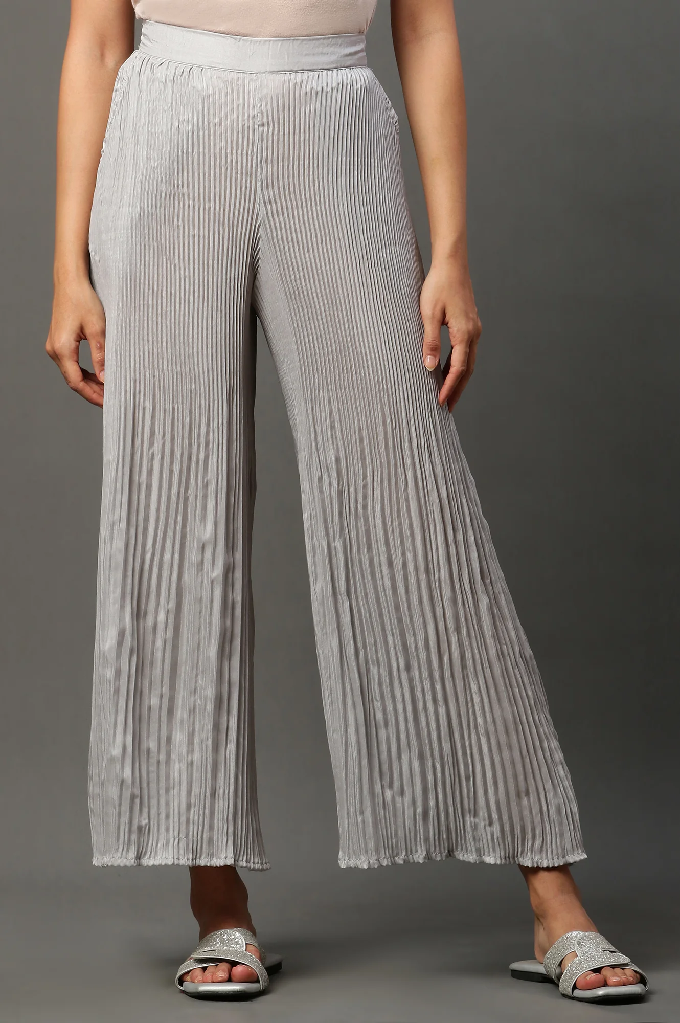 Silver Solid Flared Woven Sharara With Pleats
