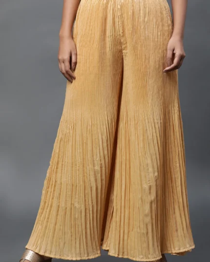Gold Solid Flared Woven Sharara With Pleats