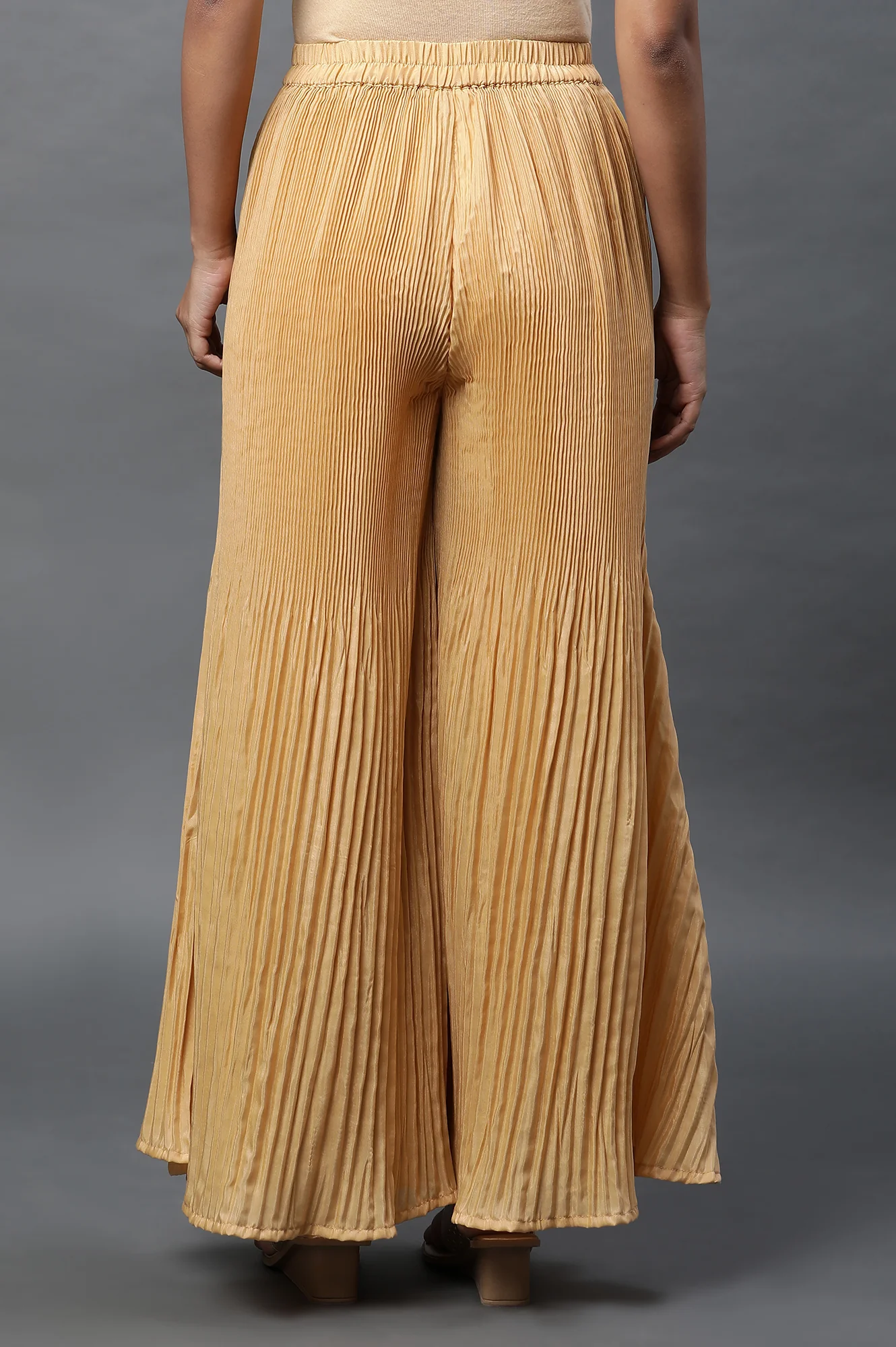 Gold Solid Flared Woven Sharara With Pleats - Image 4