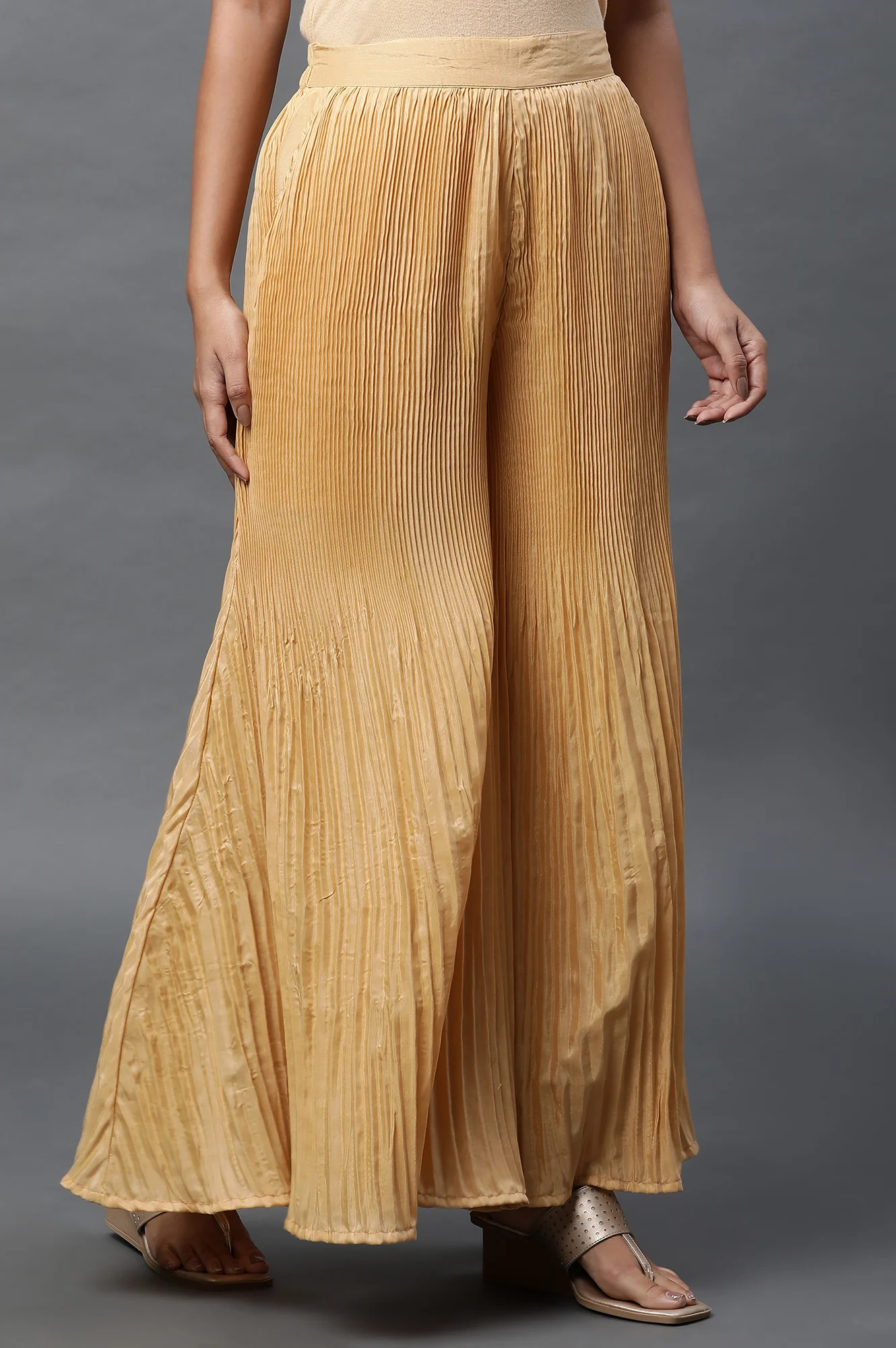 Gold Solid Flared Woven Sharara With Pleats - Image 5