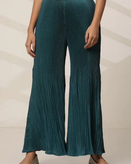 Teal Solid Flared Woven Sharara With Pleats