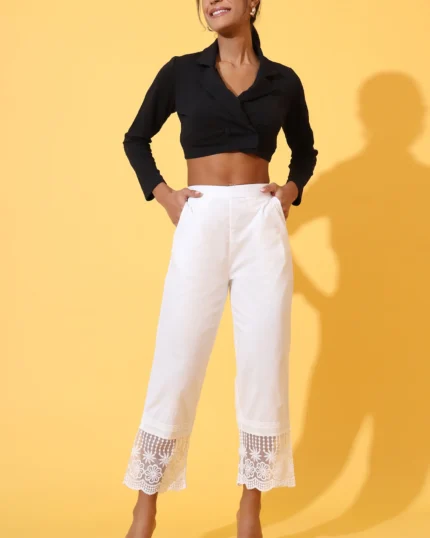 Solid Pure Cotton Schiffli Embroidered Palazzo Pants