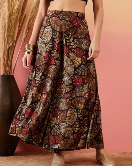 Rayon Black Grey Leaf Print Foil Palazzo