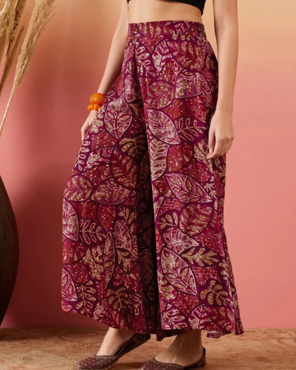 Wine Maroon Printed Leaf Print Foil Palazzo
