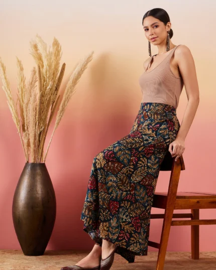 Teal Maroon Printed Leaf Print Foil Palazzo