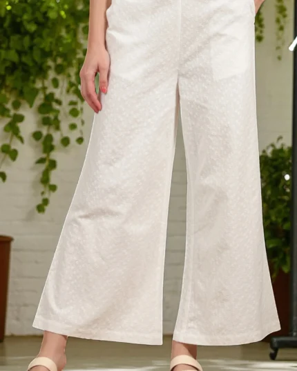 White Schiffli Embroidered Pure Cotton Flared Palazzo Pants