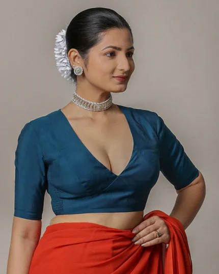 Damini x Rozaana | Crystal Teal Elbow Sleeves FlexiFit Saree Blouse with Plunging Neckline